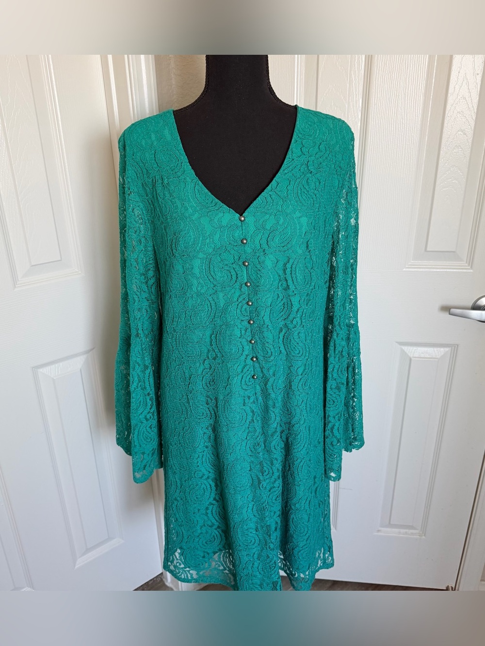 Nanette Lepore Bohemian Teal Green Paisley Lace Bell Sleeve Shift Dress Size 14